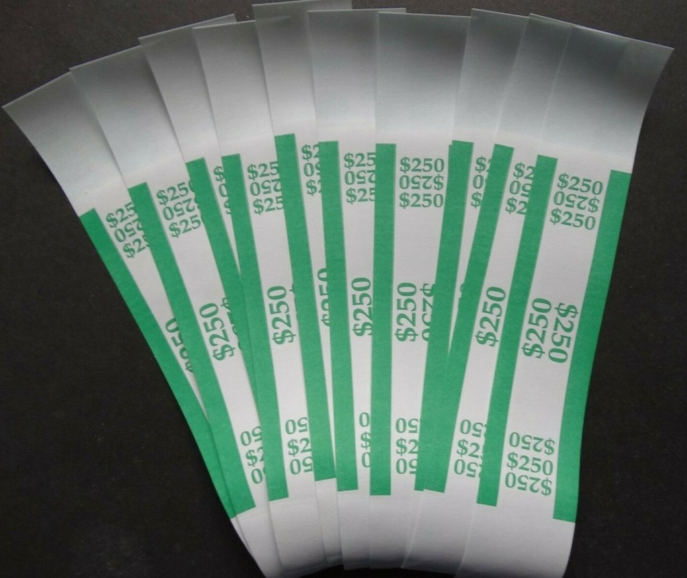 10 – Green $250 Cash Money Self-Sealing Straps Currency Bands