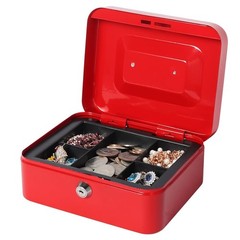Small Metal Cash Box Money Tray Key Lock 7.87×6.3×3.54 Inch Safe Lockbox Red