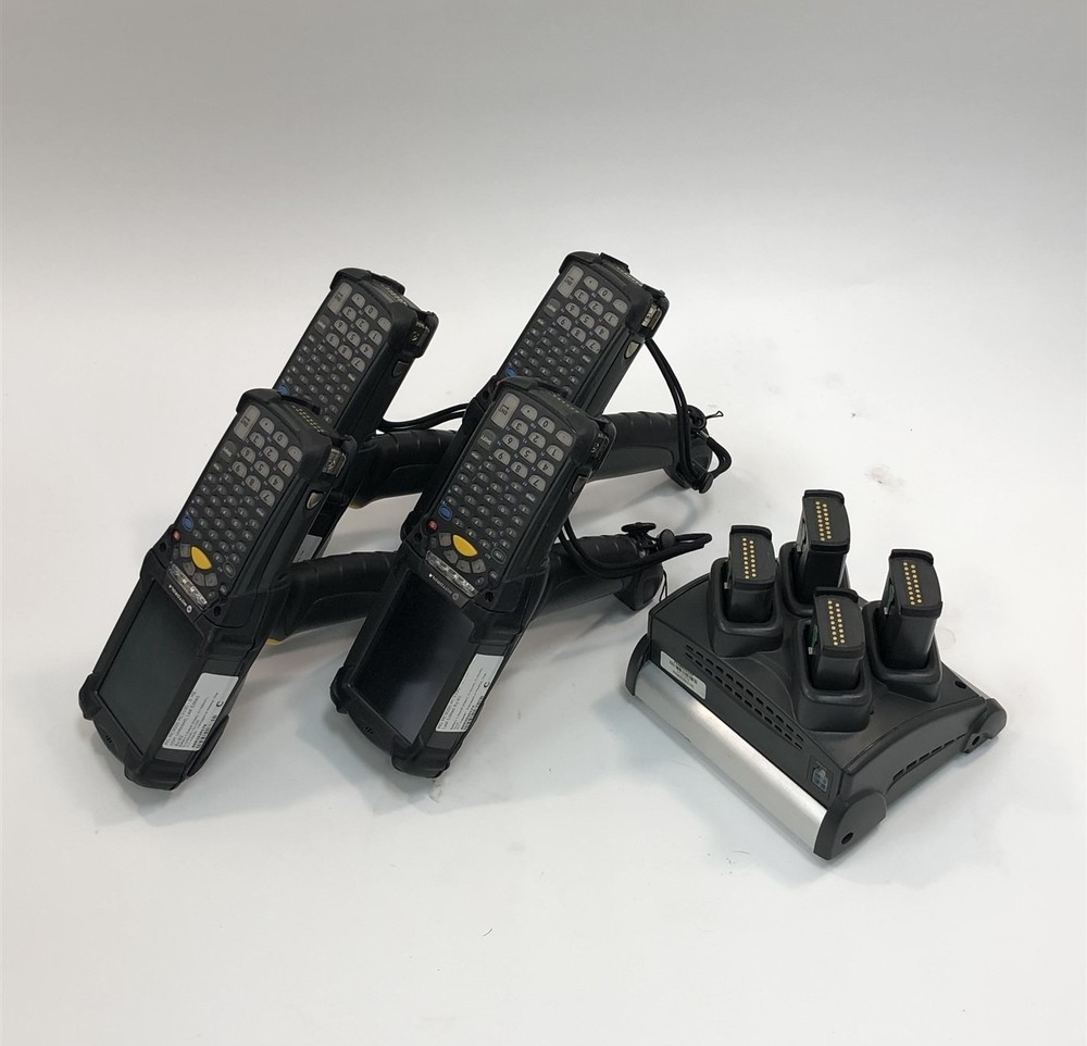 Lot of 4 Symbol MC9190-G30SWEQA6WR Barcode Scanners w/ Charger & 8 Batteries