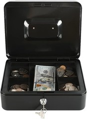 Versatile Locking Cash Box – Medium Size, Removable Tray, Key Access, Black