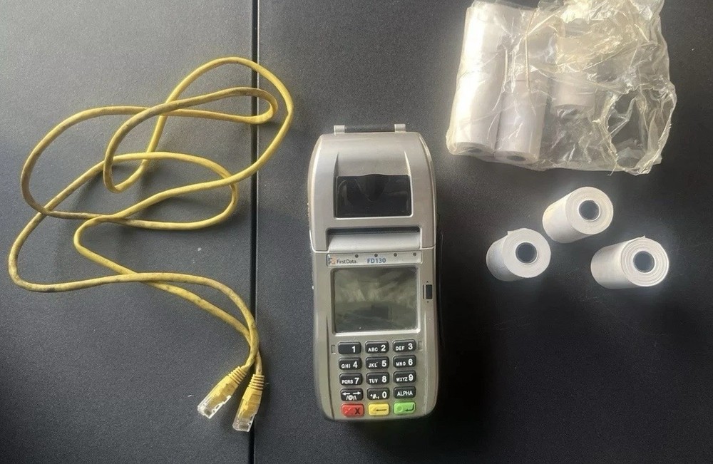 First Data FD130 EMV Credit Card Terminal + 8 Paper Rolls.