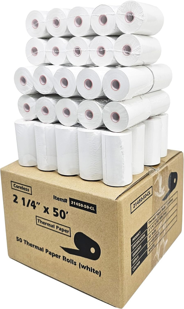 (50 Coreless Rolls) 2 1/4 X 50 Thermal Paper Receipt Rolls Fits All Credit Card