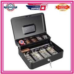 Cash Box with Money Tray Key Lock XL 11.8×9.45×3.54 Black Money Storage