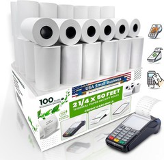 Durable 2 1/4″ x 50 ft Thermal Paper Rolls with End-of-Roll Warning – 100 Pack