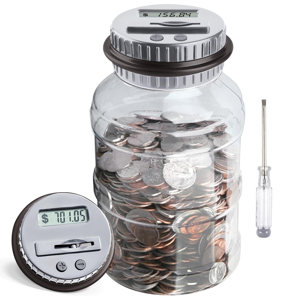 Gray Digital Coin Counting Bank, 1.8L Large Piggy Bank, All US Coins