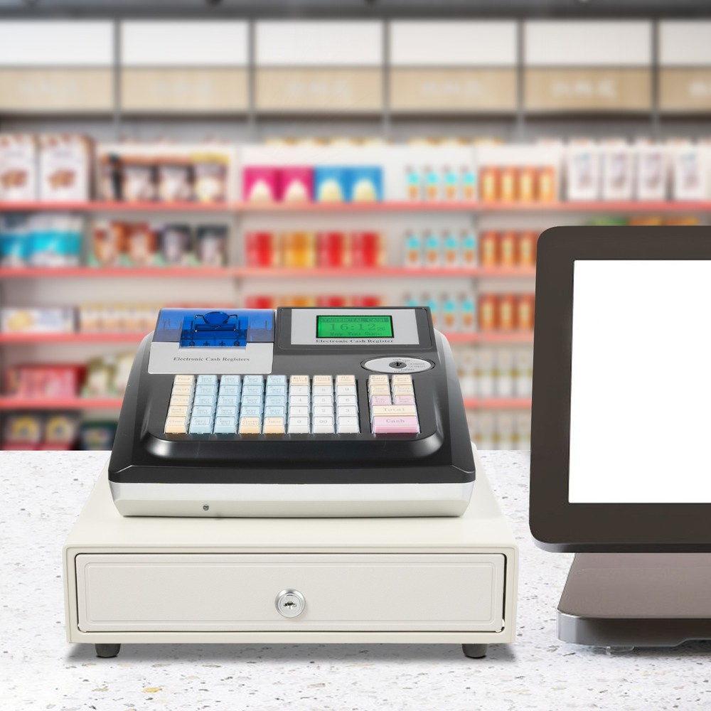 Cash Register Electronic POS System With Drawer 48 Keys LED Display For Retail