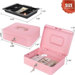Pink Cash Box with Money Tray and Lock, Metal Money Box for Cash, Lock Box for
