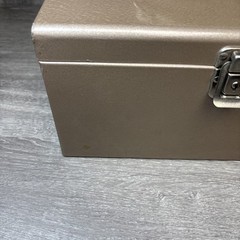 Vintage Cash Change Metal Box Storage No Key Brown Tan Nice Shape Decor 11.5”x6”
