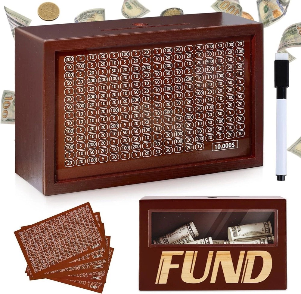 Money Saving Box Wooden Money Box for Cash 10000 Savings Challenge Box Coin Bank