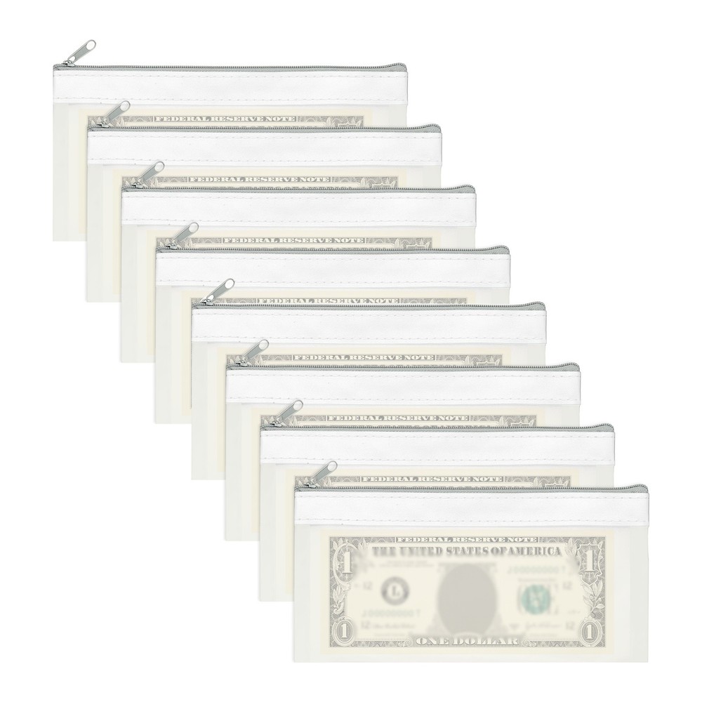 8.5×4 Inch Money Bags with Zipper, 8Pcs Clear Cash Pouch, White