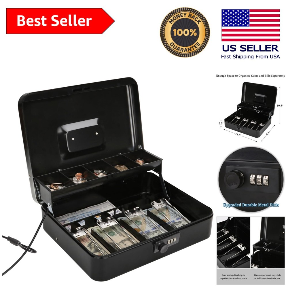 Spacious Locking Cash Box with Security Cable & Compartment Tray for Valuables
