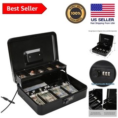 Spacious Locking Cash Box with Security Cable & Compartment Tray for Valuables