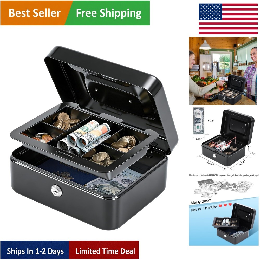 Durable Compact Cash Box with Removable Tray & Key Security – Ideal for Home Use