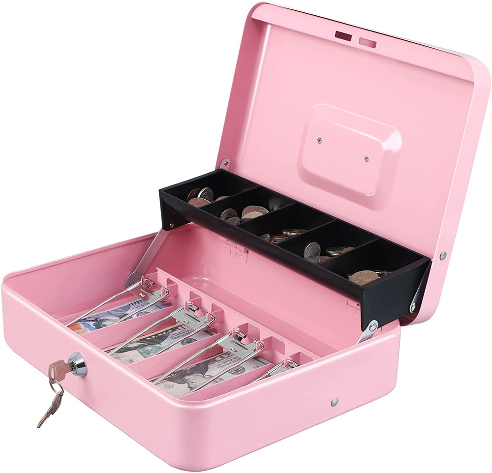 Cash Box with Money Tray Key Lock Tiered Cantilever 11.8 x 9.5 x 3.5 Pink