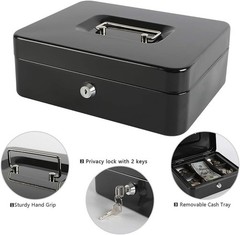 Portable Locking Steel Cash Box with Coin Tray & Key Control, 9.84×7.87in, Black