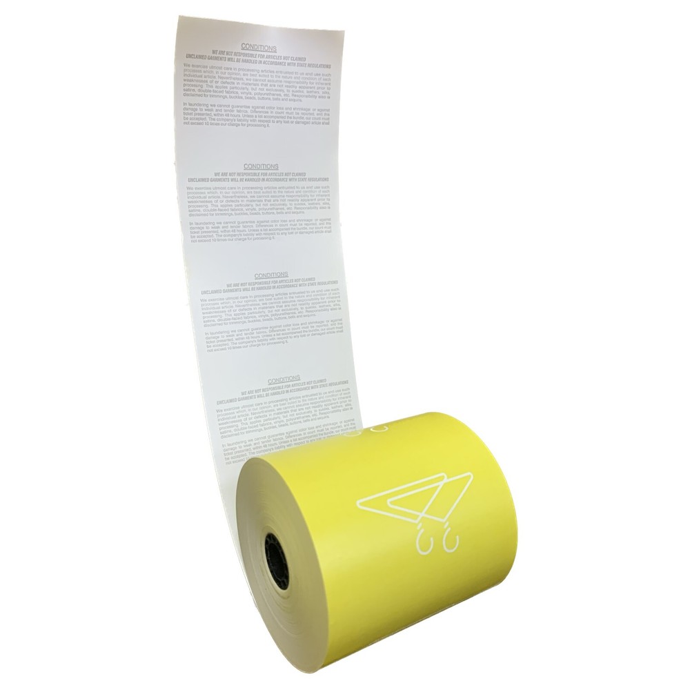 Dry Cleaners Thermal Rolls Yellow Hanger w/Back Print 3-1/8” x 160′ 80gsm 50 Rls