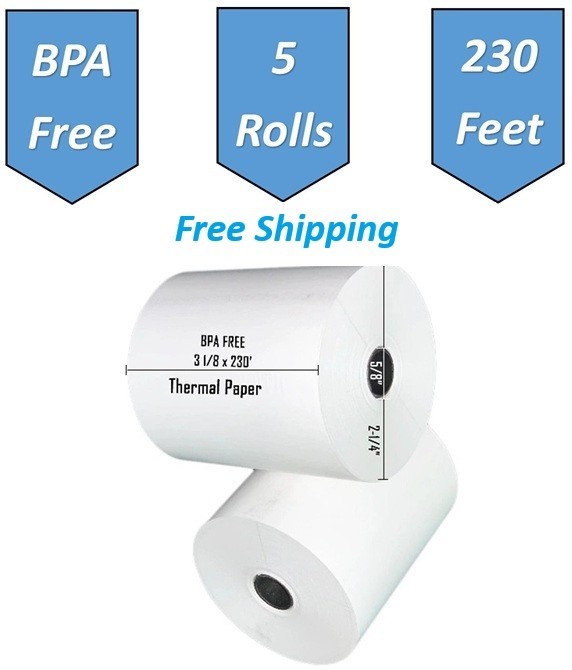 5 Rolls BPA-Free, Thermal Paper Rolls, 3-1/8″ x 230 ft, no dusting