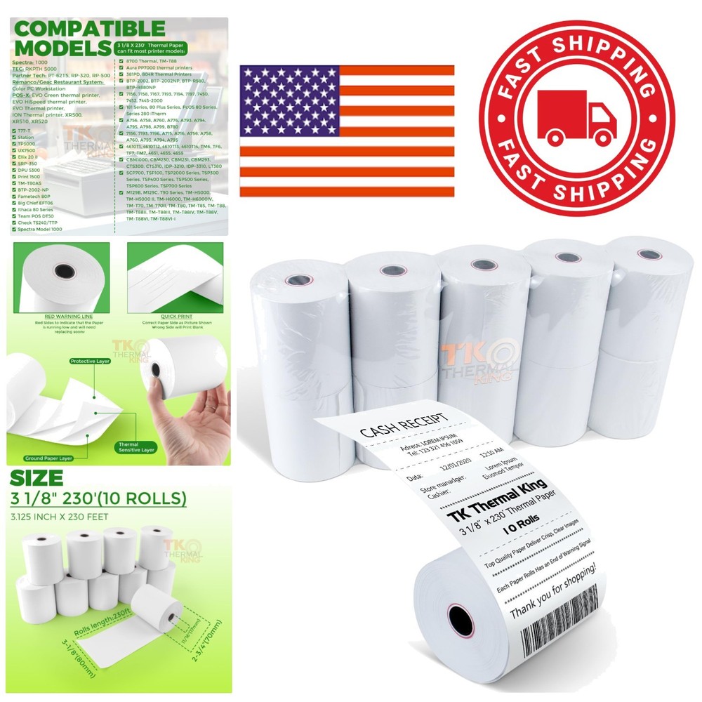 Thermal Receipt Paper 3 1/8 Inch x 230 Feet 10 Rolls Biodegradable Glossy Finish