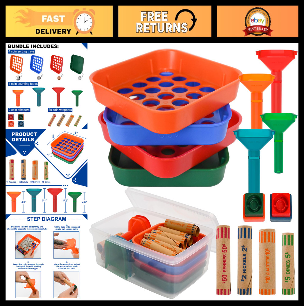 Coin Sorter Trays & Counter Tubes, Coin Roller Crimping Tool + 60 Assorted Wrapp