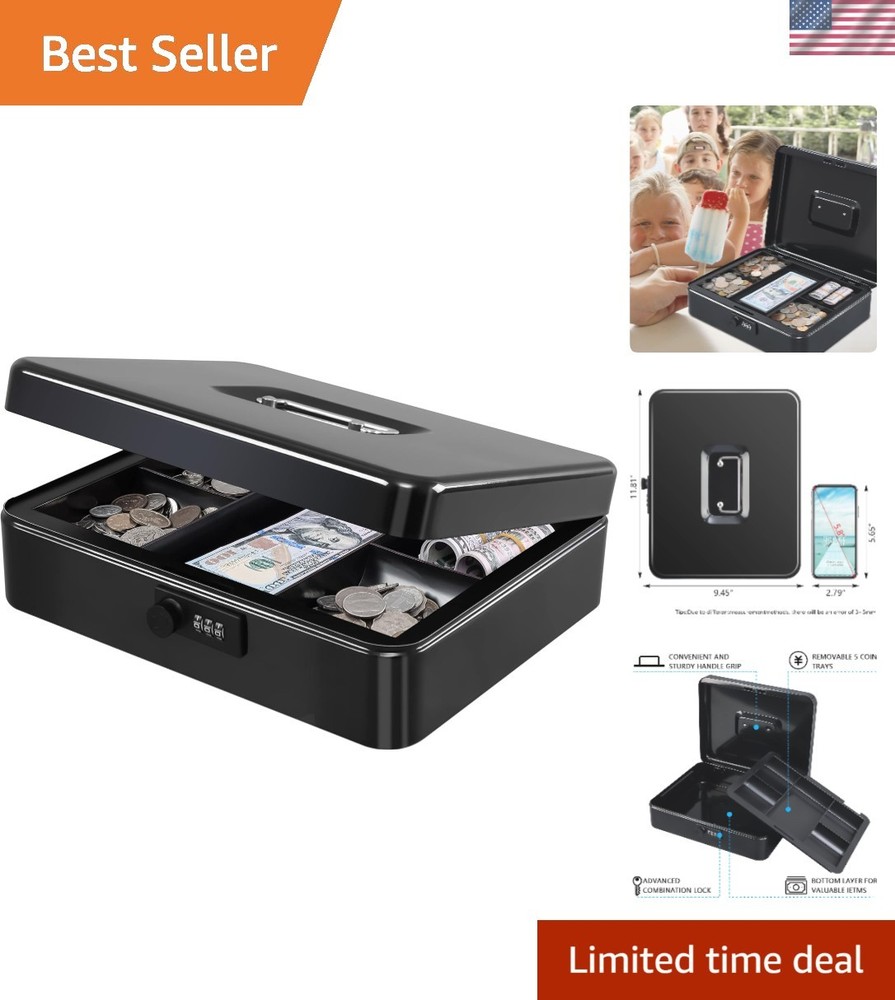 Metal Cash Box with Combination Lock – Portable Money Safe, 11.81″x9.45″