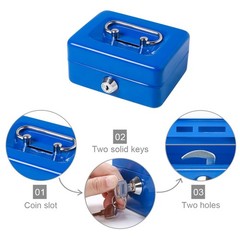 Blue Mini Cash Box Lock Slot Metal Coin Piggy Bank 4.9×3.7×2.3 Inch Storage