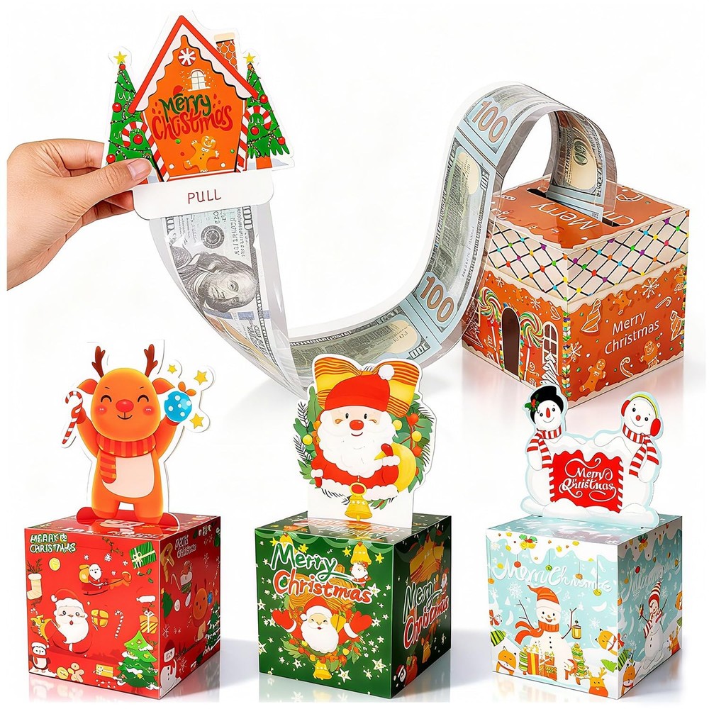 Christmas Money Box For Cash Gift Pull DIY Holiday Surprise Holder 4 PK Set