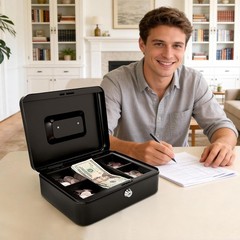Black Cash Box with Key Lock and Removable Tray – Perfect for Home or Office