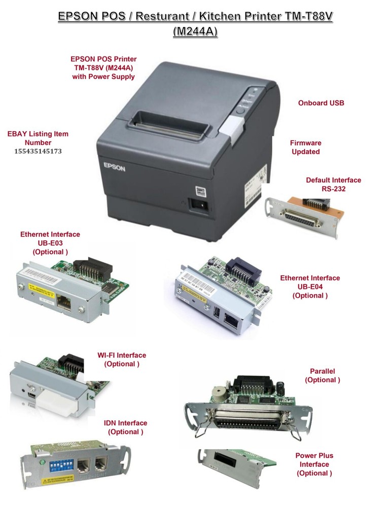 EPSON TM-T88V POS Restaurant RECEIPT PRINTER USB+ WIFI | Ethernet | IDN | Parall