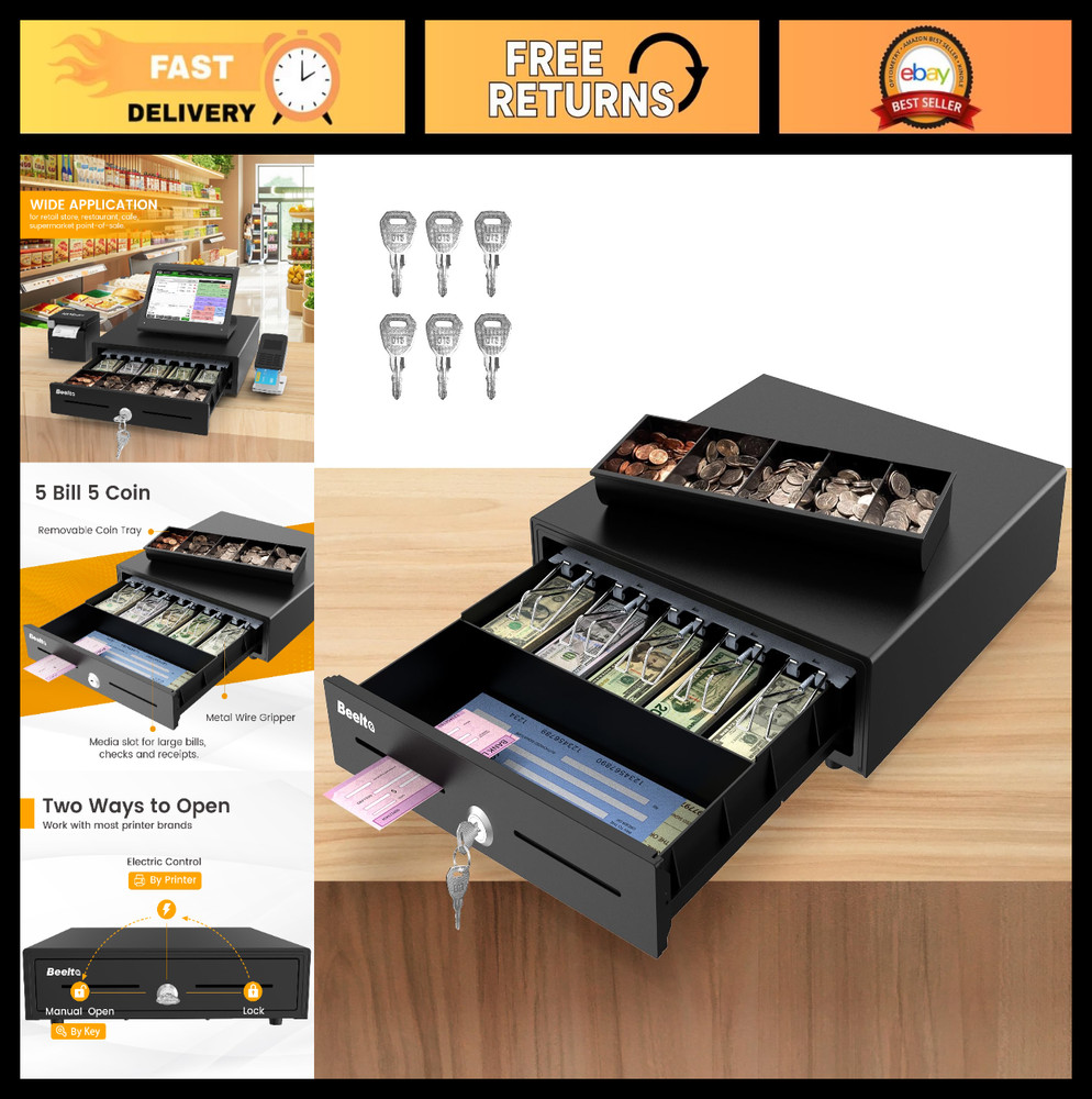 16″ Heavy Duty Cash Drawer Auto Open – 5 Bill/5 Coin, Emergency Switch, RJ11/12
