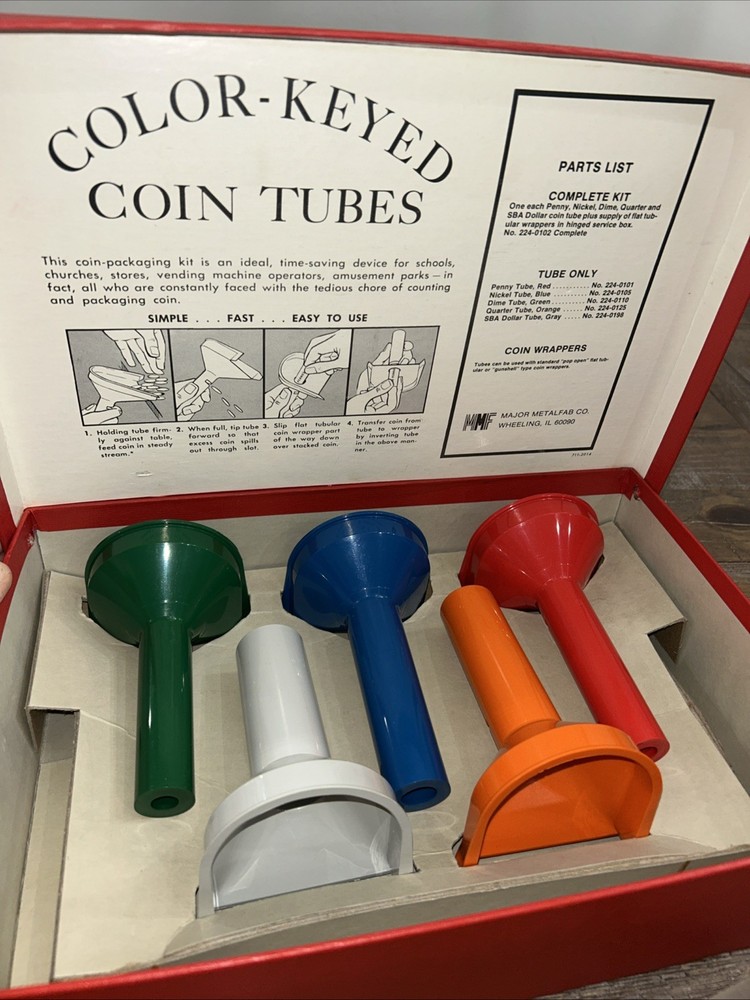 Vntg MMF Color-Keyed Manual CounterCoin Tubes/Original Box & 210+ Coin Wrappers