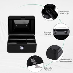 Small Cash Box with Money Tray and Lock, Metal Cash Lock Box with Key