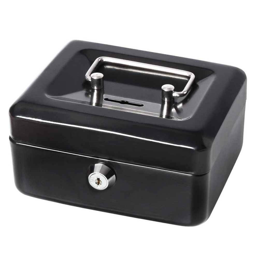 Small Cash Box with Slot 6.2x5x3″ Money Box with Tray Key Lock Black