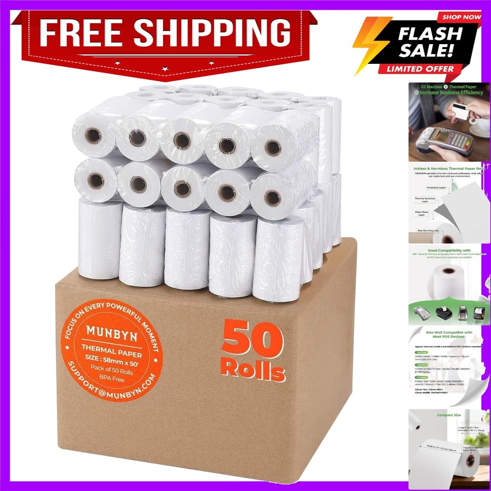 2 1/4″ inch x 50’ft Thermal Paper 50 Rolls, BPA Free Receipt Paper, 58mm Ther…