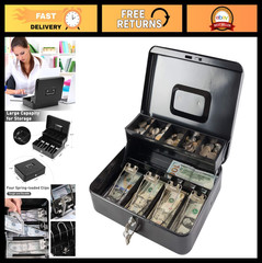 Locking Cash Organizer Box with Key, XL Safe for Money & Valuables, Black 11.8″x