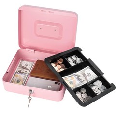Pink Large Metal Cash Box Key Lock Removable Money Tray 9.8×7.9 Inch Hub