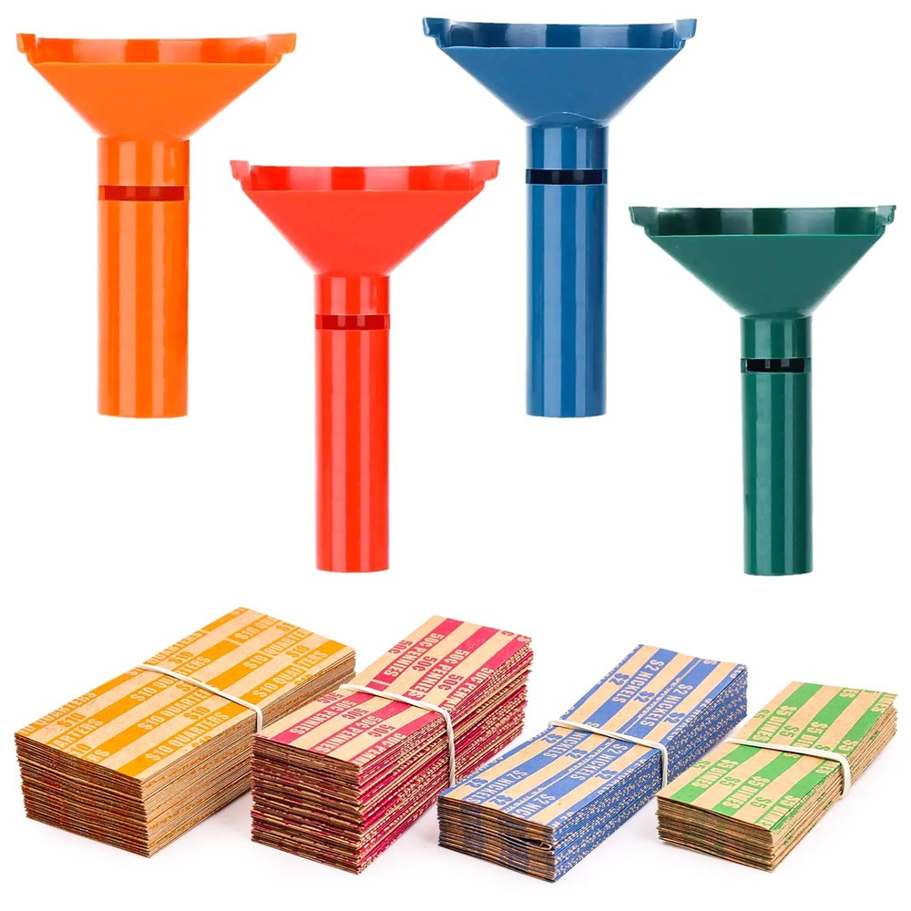 Color-Coded Coin Counting Tube with 150 Assorted Flat Coin Wrappers for Penni…