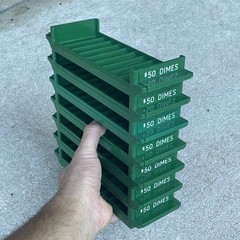 7 MMF Green Colored Plastic Storage Bank Trays Coin Counter $50 Dimes