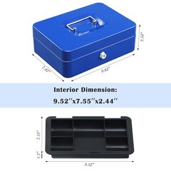 Cash Box with Key Lock Blue Steel Removable Coin Tray 9.84×7.87×3.54 Inch