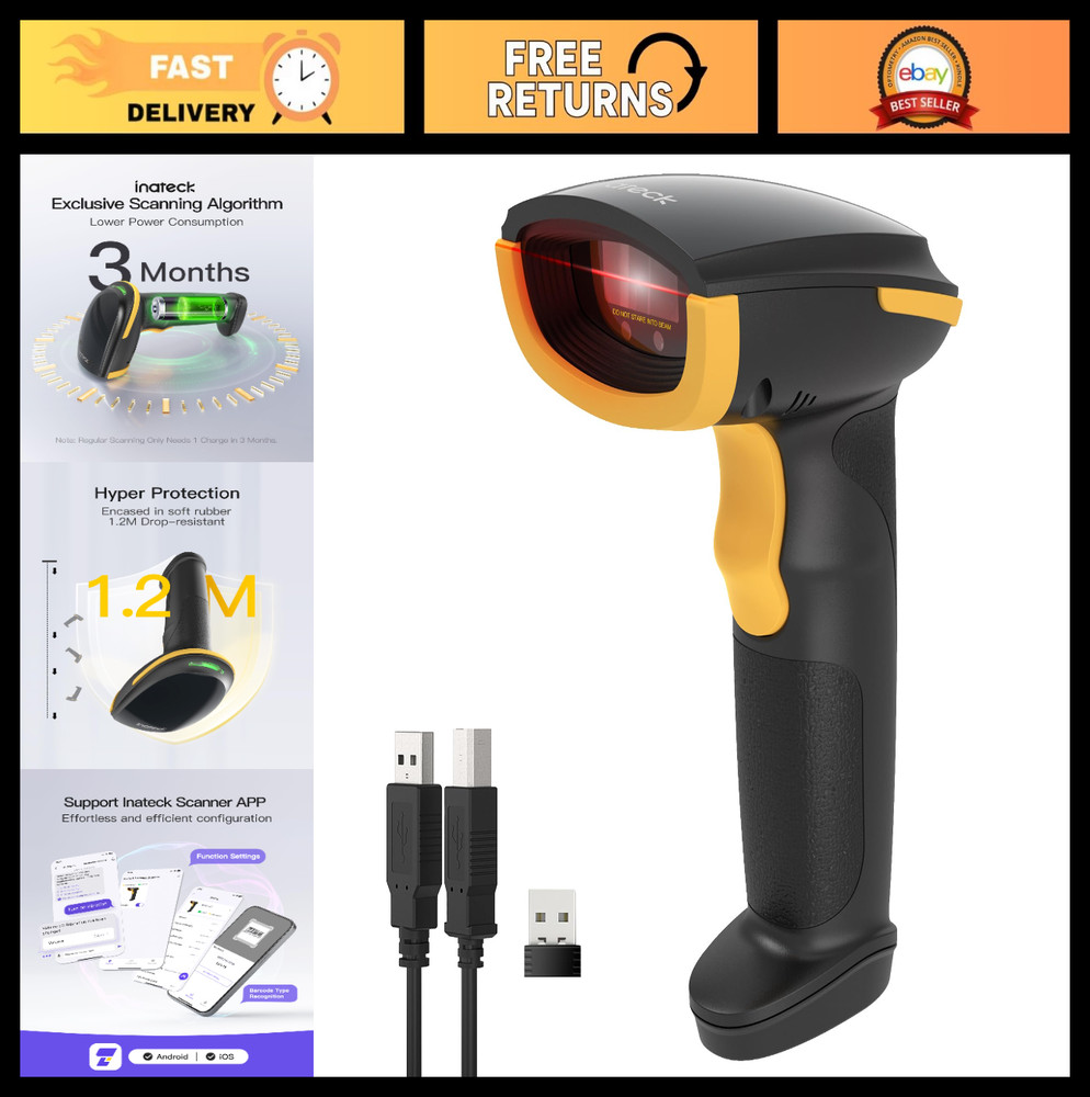 Wireless Bluetooth Barcode Scanner – 1D Handheld USB Reader, 2000mAh Battery, AP