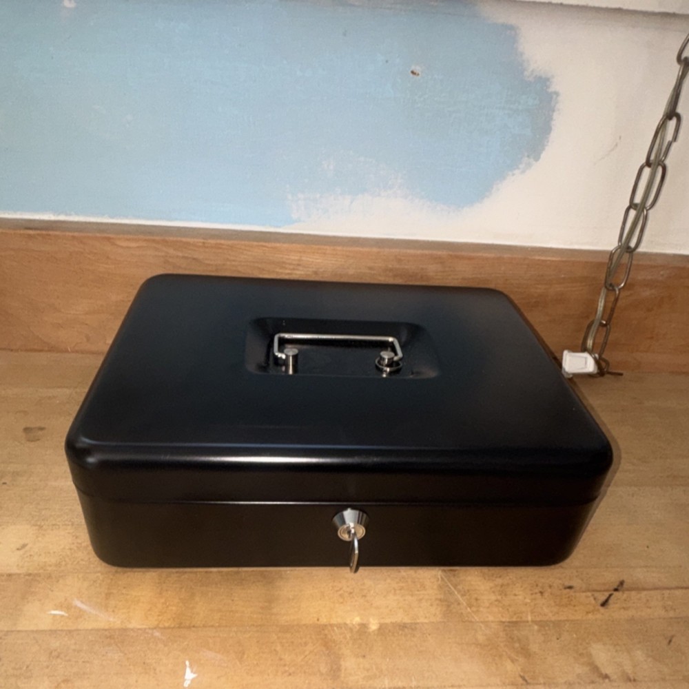 Black Metal Cash Box Key Lock, Removable Adjustable Tray, Handles, Lockable