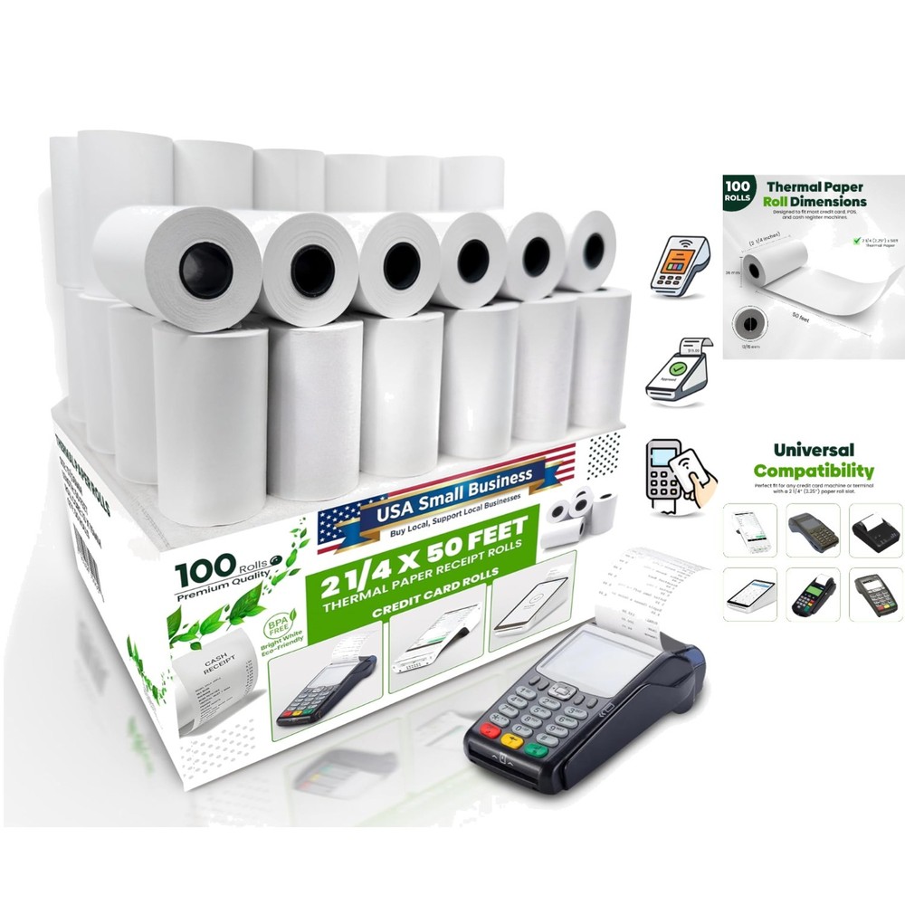 Durable 2 1/4″ x 50 ft Thermal Paper Rolls with End-of-Roll Warning – 100 Pack