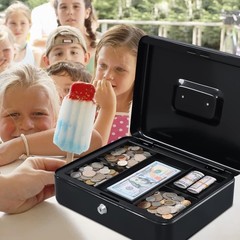 Secure Portable Black Metal Cash Box with Key Lock – 11.81×9.45×3.54 Size