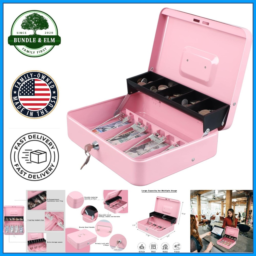 Durable Pink Cash Box with Key Lock, Tiered Design and Coin Tray for Security