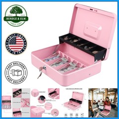 Durable Pink Cash Box with Key Lock, Tiered Design and Coin Tray for Security