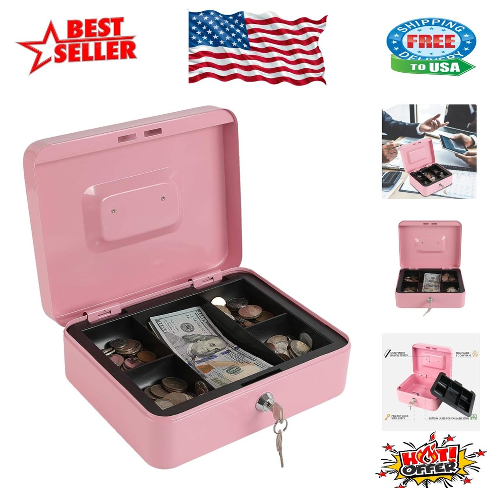 Portable Pink Cash Box with Key Lock & Removable Tray – Ideal for Home & Travel