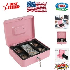 Portable Pink Cash Box with Key Lock & Removable Tray – Ideal for Home & Travel