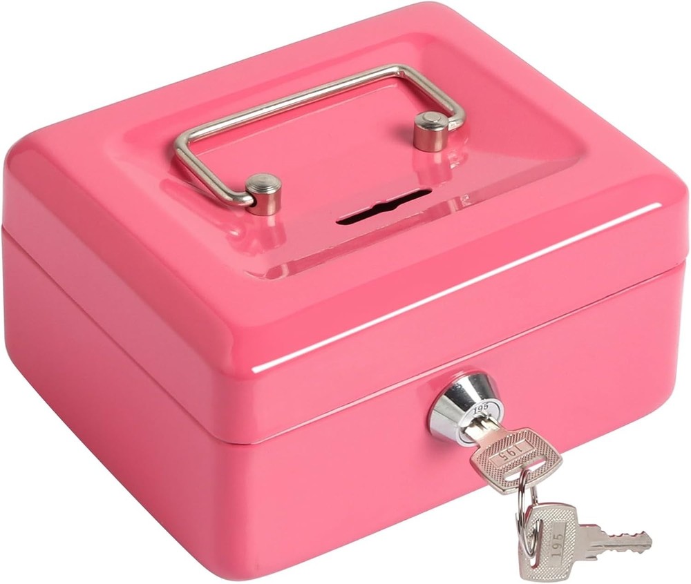 Small Cash Box with Money Tray – Metal Lock box for Kids 5.9″ x4.7″ x 3.2″ Pink