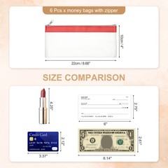8.7×3.9 Inch Money Bags with Zipper, 6 Pcs Clear PVC Cash Pouch, Red