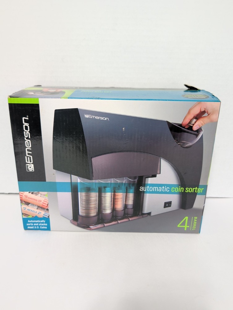 New Open Emerson 4 Barrel Automatic Coin Sorter Sorts Stacks US Coins Battery