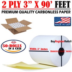 2-ply 3″ inch 90′ Feet (50 Rolls) Carbonless 2 Ply Kitchen Printer Paper Rolls